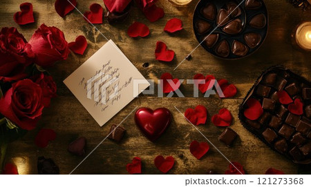 Romantic setup with roses, chocolates, and a note. 121273368