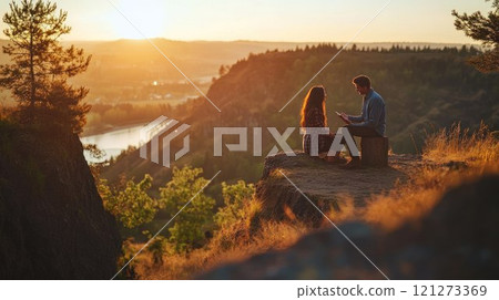Couple enjoying a sunset view on a cliff. 121273369