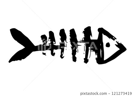 Fish bone skeleton hand painted with ink brush 121273419