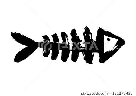 Fish bone skeleton hand painted with ink brush 121273422