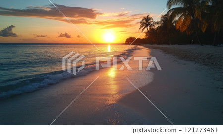 Beautiful sunset on a serene beach with palm trees and gentle waves at dusk 121273461