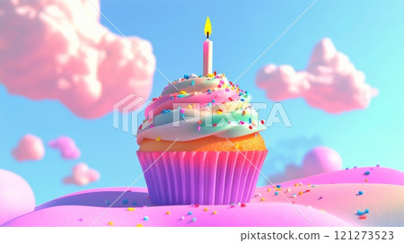Colorful cupcake with candle and sprinkles against a bright sky backdrop 121273523