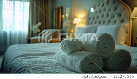 Luxurious hotel room with neatly arranged towels on a pristine bed 121273530