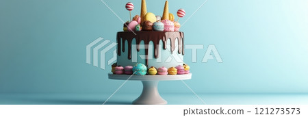 Beautifully decorated dessert cake with colorful toppings on display 121273573