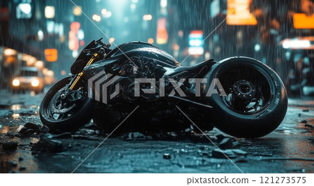 Motorcycle lays abandoned in the rain on an empty city street at night 121273575