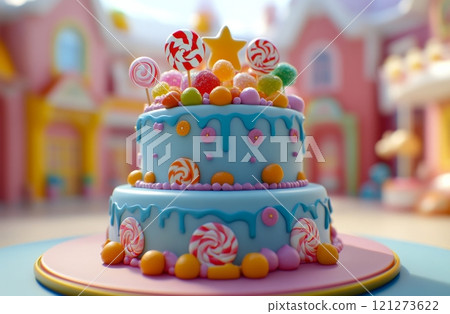 Colorful cake adorned with candy in a whimsical setting during daytime celebration 121273622