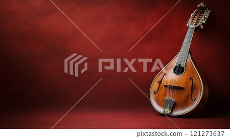 Beautiful wooden mandolin placed against a deep red background for artistic display 121273637