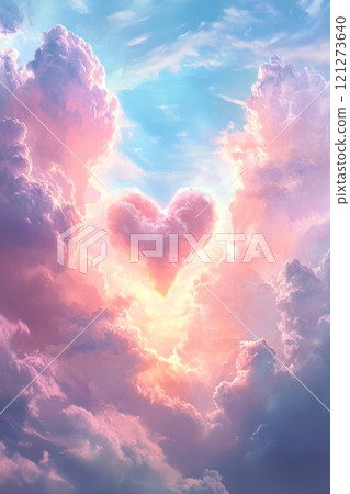 Heart shaped cloud formation illuminated by vibrant colors during sunset 121273640