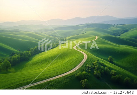 Lush green hills with winding road under soft sunlight in rural landscape Lush green hills with winding road under soft sunlight in rural landscape 121273648