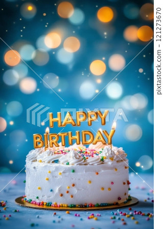 Colorful birthday cake decorated with sprinkles and cheerful candles 121273670