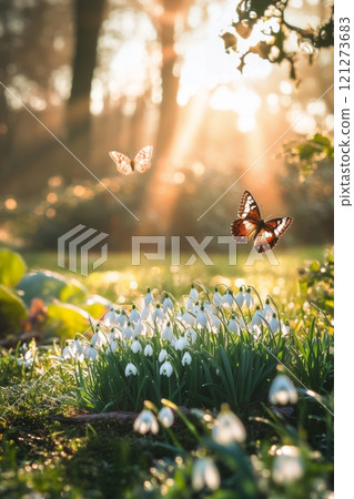 Butterflies fluttering among blooming snowdrops in a sunlit forest glade during springtime 121273683