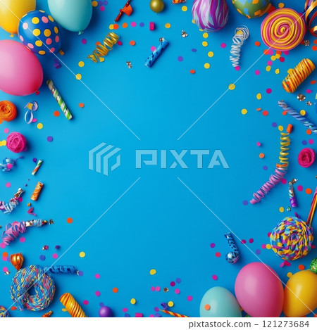 Colorful party decorations arranged on a vibrant blue background for a festive celebration 121273684