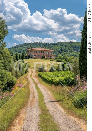 Scenic pathway leading to a rustic farmhouse in the Tuscan countryside on a sunny day 121273689