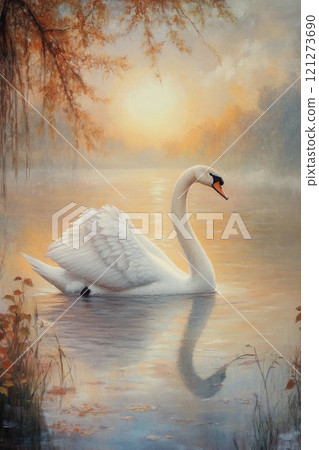 Elegant white swan glides gracefully across serene lake surrounded by soft autumn leaves 121273690