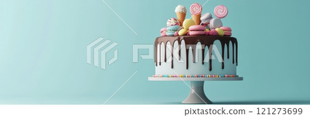 Beautifully decorated dessert cake with colorful toppings on display 121273699