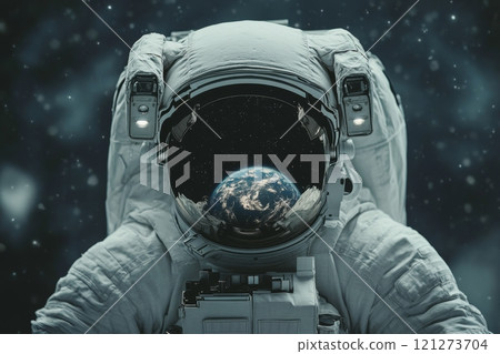 Astronaut floats in space with Earth visible in the background at night Astronaut floats in space with Earth visible in the background at night 121273704