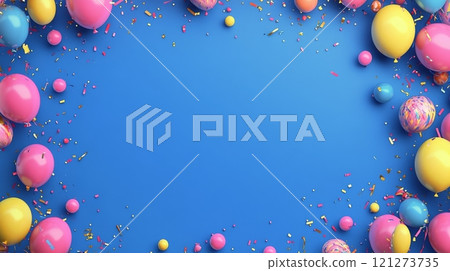 Colorful balloons and confetti create a festive atmosphere against a bright blue background 121273735