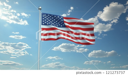 American flag waving against a clear blue sky with white fluffy clouds 121273737