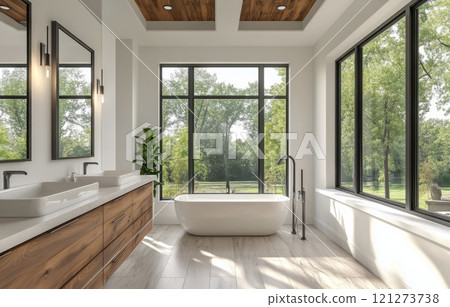 Modern bathroom with large windows overlooking nature in a tranquil setting 121273738