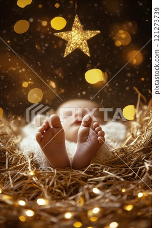 Cozy newborn sleeping under a glowing star with festive lights in the background 121273739