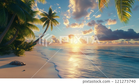 Beautiful sunset on a serene beach with palm trees and gentle waves at dusk 121273740
