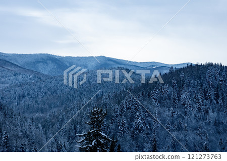 Snow covering the slopes of the mountains creating a breathtaking winter landscape 121273763