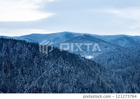 Snow covering the slopes of the mountains creating a breathtaking winter landscape 121273764