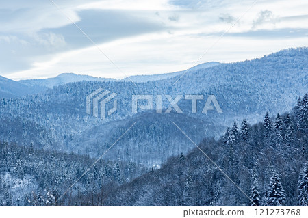 Snow covering the slopes of the mountains creating a breathtaking winter landscape 121273768