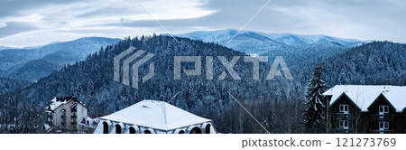 Snow covering mountain houses and pine trees in winter 121273769