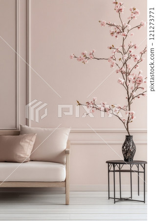 Soft pink interior with a cherry blossom branch and minimalist decor 121273771