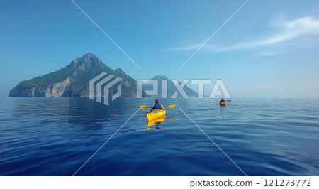 Two kayakers paddle through calm blue waters near rugged mountains in a tranquil coastal setting 121273772