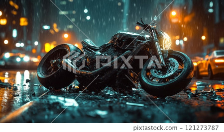 Motorcycle lays abandoned in the rain on an empty city street at night 121273787