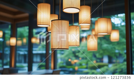 Elegant lanterns hang from the ceiling in a serene indoor garden setting during evening hours 121273836