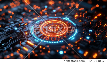 Vibrant digital abstract design showcasing blue and red glowing circular patterns 121273837
