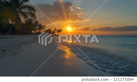 Beautiful sunset on a serene beach with palm trees and gentle waves at dusk 121273894
