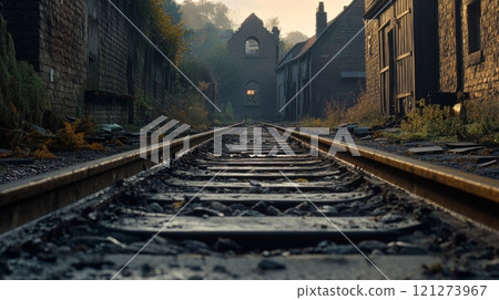 Rusty railway tracks lead to an abandoned building at dawn in a quiet village setting 121273967