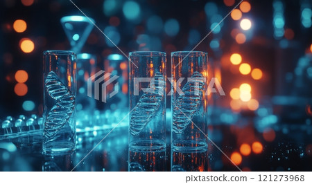 Laboratory scene showcasing advanced DNA technology with glowing elements and test tubes 121273968