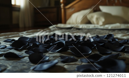 Dark bedroom filled with unusual black leaves creating a surreal atmosphere in an abandoned space 121274011