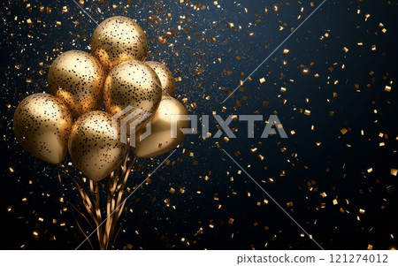 Celebratory golden balloons with confetti in a dark setting during a festive occasion 121274012