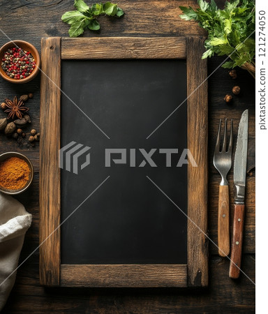Rustic kitchen setup with empty chalkboard and fresh herbs ready for culinary creativity Rustic kitchen setup with empty chalkboard and fresh herbs ready for culinary creativity 121274050