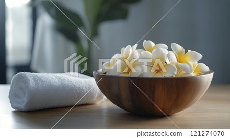 Beautiful bowl of fragrant flowers on a wooden table with a soft towel nearby 121274070