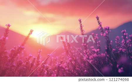Beautiful sunset over mountains with blooming flowers and vibrant colors in the sky 121274098