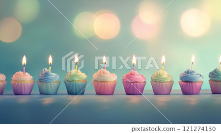 Colorful cupcakes with candles arranged on a table for a celebratory occasion 121274130