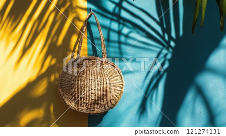 Woven basket hanging on colorful wall with shadows from palm leaves in bright sunlight 121274131