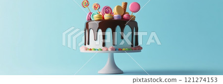 Beautifully decorated dessert cake with colorful toppings on display 121274153