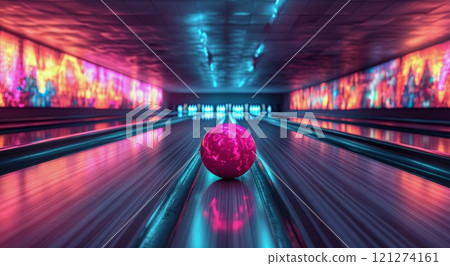 Vibrant bowling alley with neon lights creating a colorful atmosphere at night 121274161