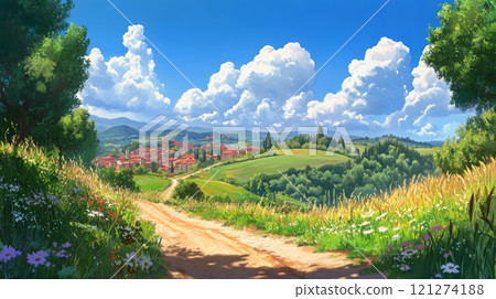 Scenic countryside landscape featuring rolling hills, blooming flowers, and vibrant clouds 121274188