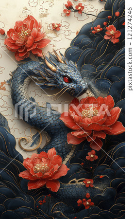 Oriental traditional card with snake, oriental, chinese New Year. AI generative 121274246