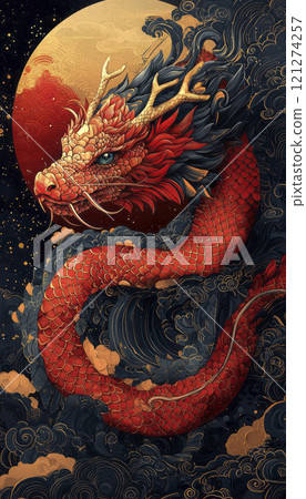 Oriental traditional card with snake, oriental, chinese New Year. AI generative Oriental traditional card with snake, oriental, chinese New Year. AI generative 121274257