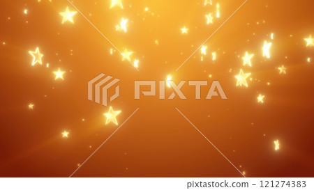 Golden glowing stars scattered across a warm orange background, creating a radiant, magical atmosphere 121274383